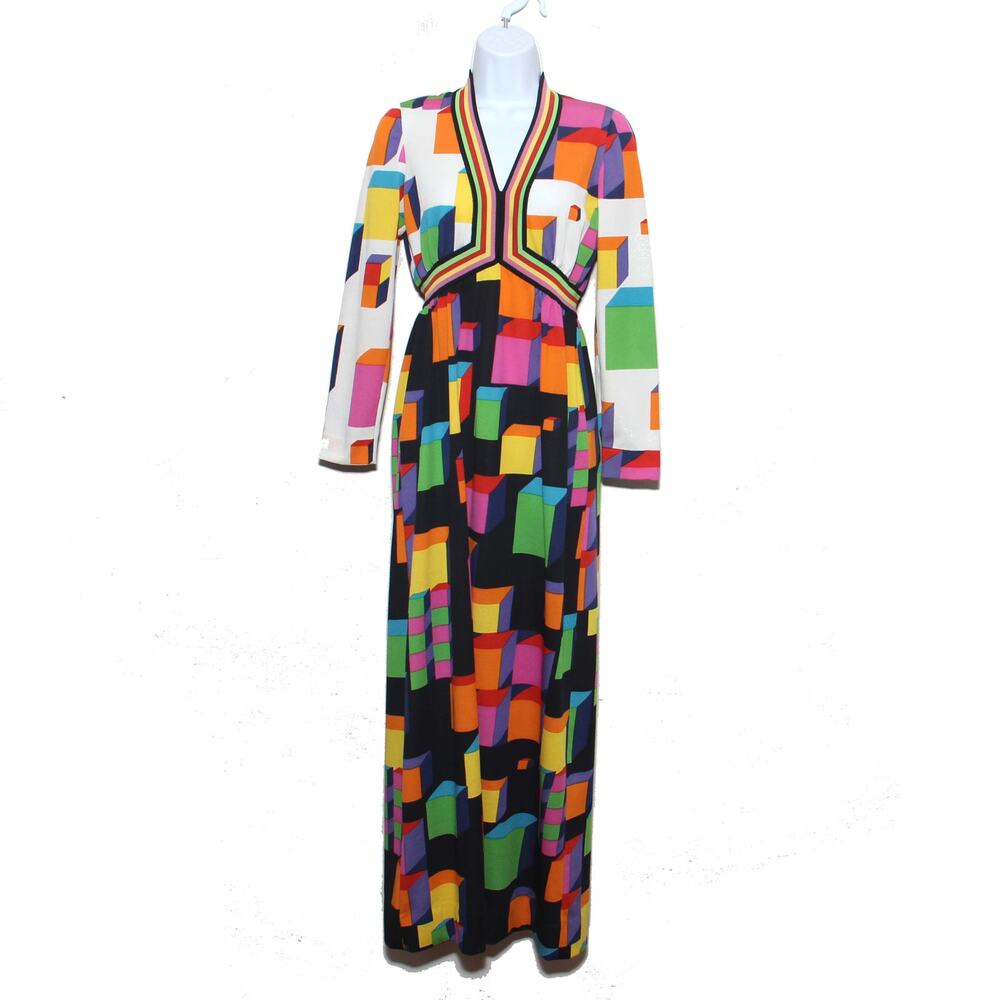 Vintage 70s Goldworm Italy Maxi Dress Geometric Pop Art Cube Print Knit Size 8